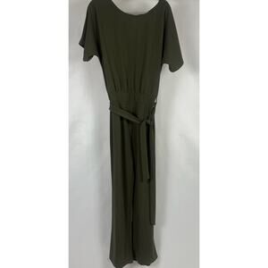 Women’s Olive Green‎ Wide Leg Jumpsuit Size XL Belted Short Sleeve Back 59” Long